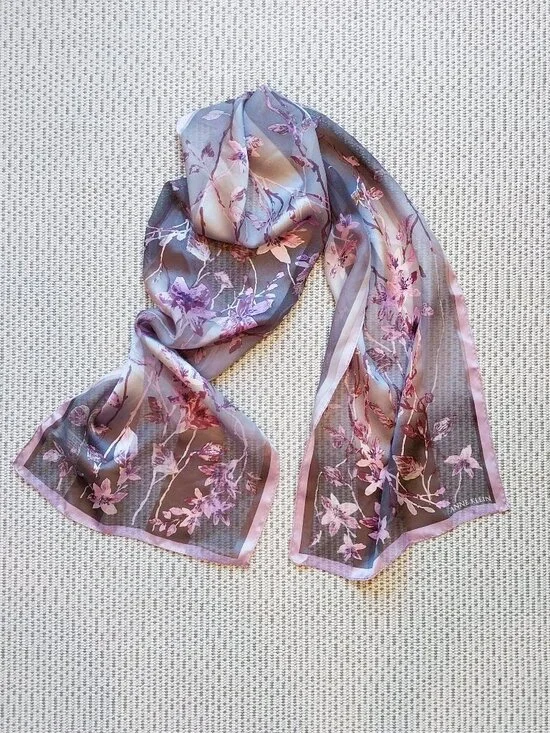 100% Silk Scarf Pink Brown Gray Floral Oblong 11x52 Lightweight by Anne Klein. - Picture 1 of 9
